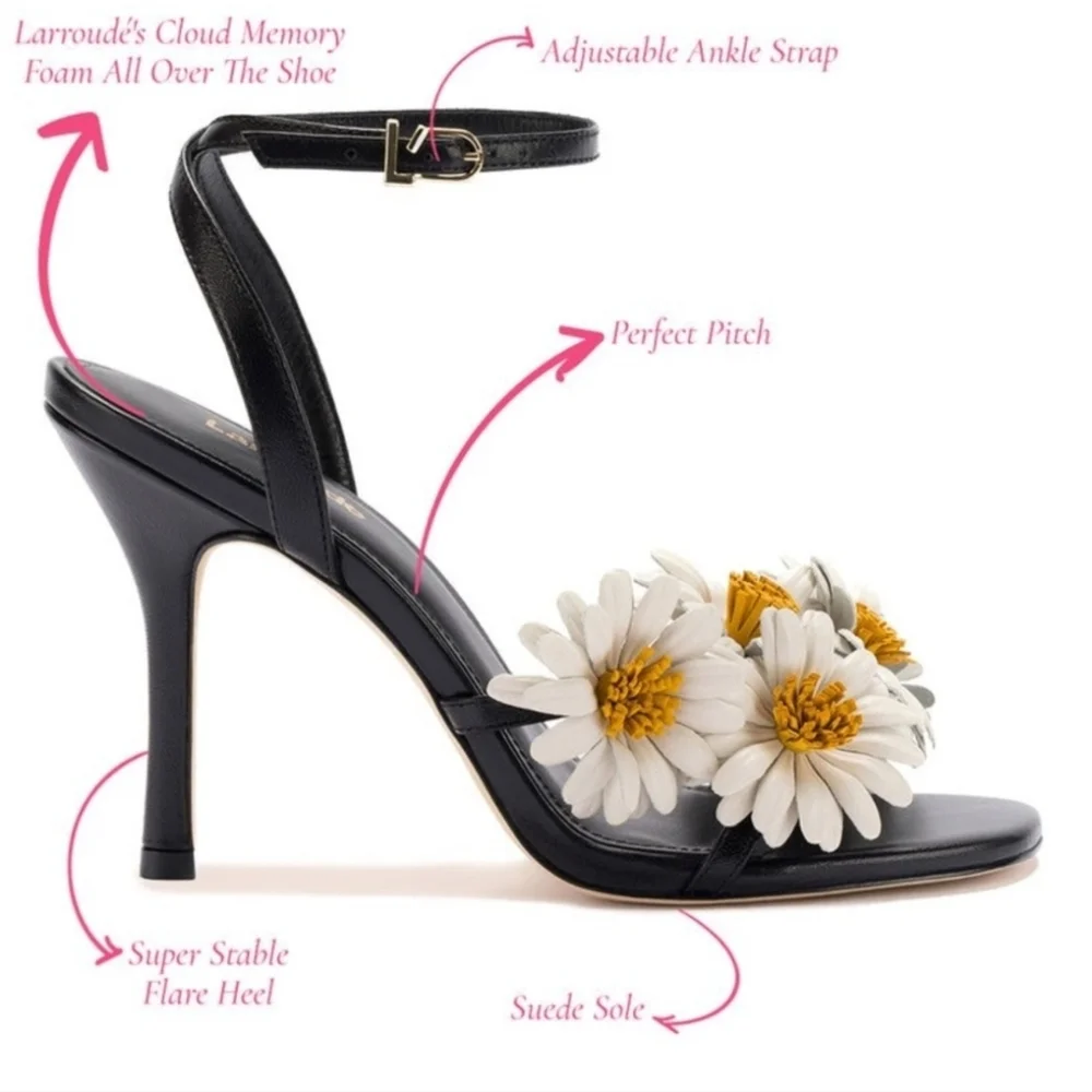 LARROUDÉ Fiore Daisy Appliqués Ankle Strap Sandals Stilletto Heel